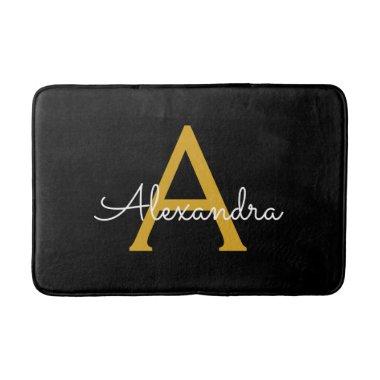 Black Gold Modern Script Girly Monogram Name Bath Mat