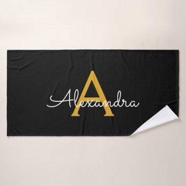 Black Gold Modern Script Girly Monogram Name Bath Towel