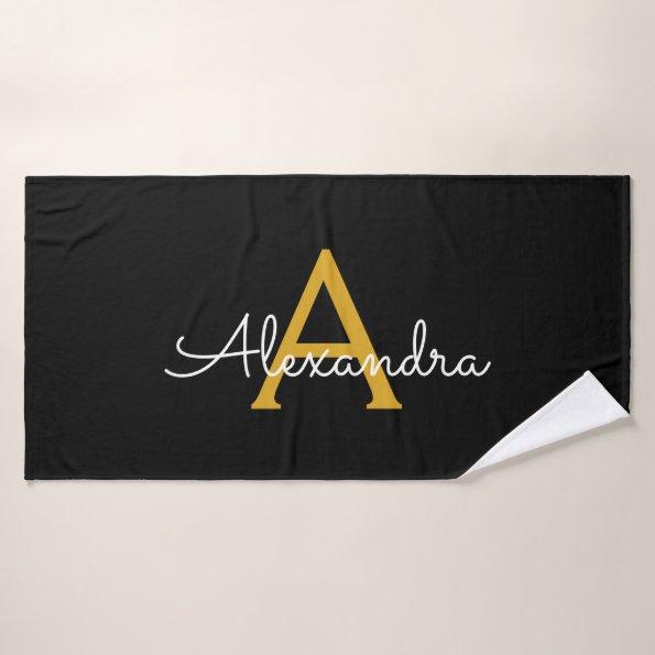 Black Gold Modern Script Girly Monogram Name Bath Towel