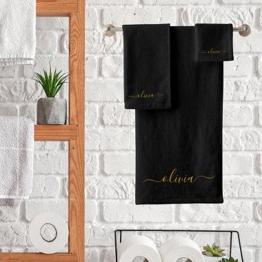 Black Gold Modern Script Girly Monogram Name Bath Towel Set