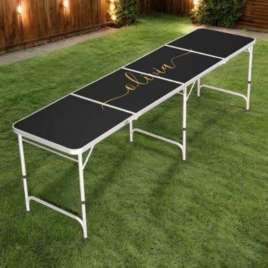 Black Gold Modern Script Girly Monogram Name Beer Pong Table