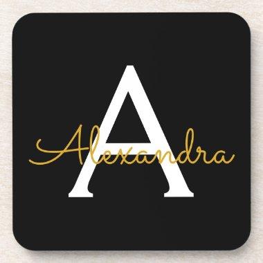Black Gold Modern Script Girly Monogram Name Beverage Coaster