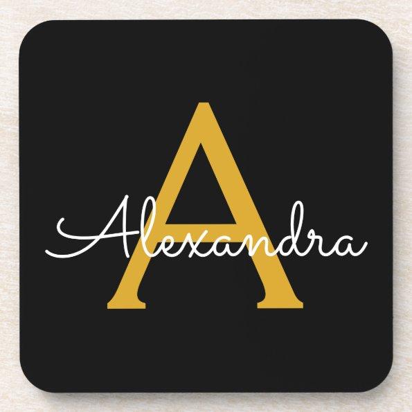 Black Gold Modern Script Girly Monogram Name Beverage Coaster