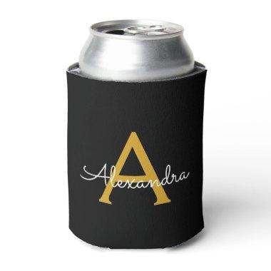 Black Gold Modern Script Girly Monogram Name Can Cooler