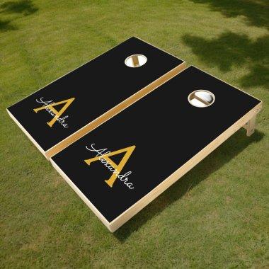 Black Gold Modern Script Girly Monogram Name Cornhole Set