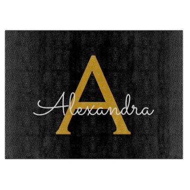 Black Gold Modern Script Girly Monogram Name Cutting Board