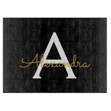 Black Gold Modern Script Girly Monogram Name Cutting Board