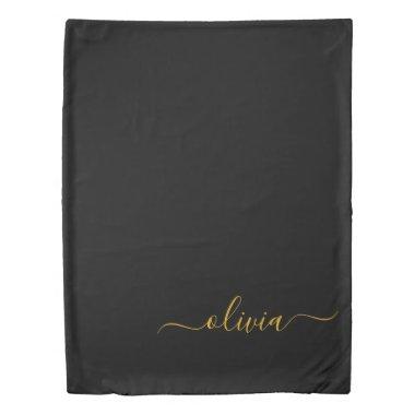 Black Gold Modern Script Girly Monogram Name Duvet Cover
