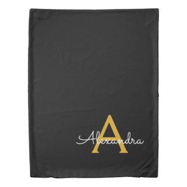 Black Gold Modern Script Girly Monogram Name Duvet Cover