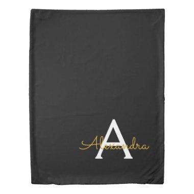 Black Gold Modern Script Girly Monogram Name Duvet Cover