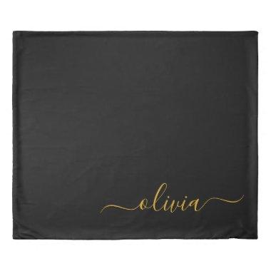 Black Gold Modern Script Girly Monogram Name Duvet Cover