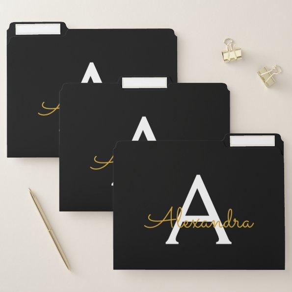 Black Gold Modern Script Girly Monogram Name File Folder