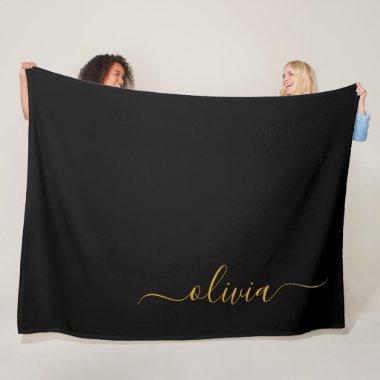 Black Gold Modern Script Girly Monogram Name Fleece Blanket