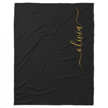 Black Gold Modern Script Girly Monogram Name Fleece Blanket