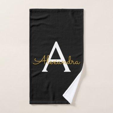 Black Gold Modern Script Girly Monogram Name Hand Towel