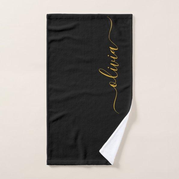 Black Gold Modern Script Girly Monogram Name Hand Towel