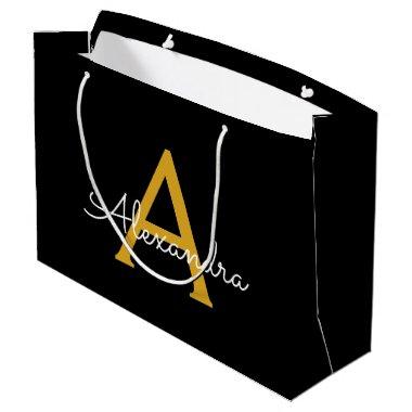 Black Gold Modern Script Girly Monogram Name Large Gift Bag