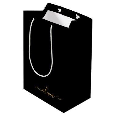Black Gold Modern Script Girly Monogram Name Medium Gift Bag