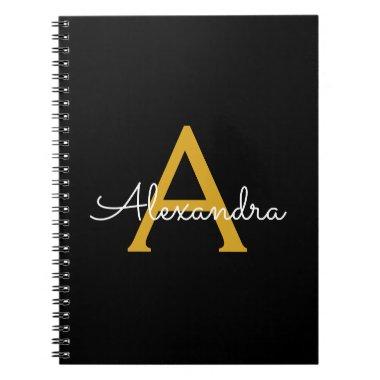 Black Gold Modern Script Girly Monogram Name Notebook