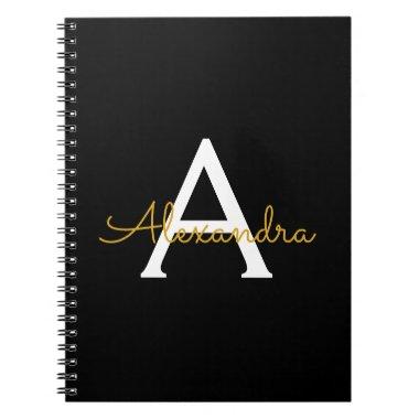 Black Gold Modern Script Girly Monogram Name Notebook