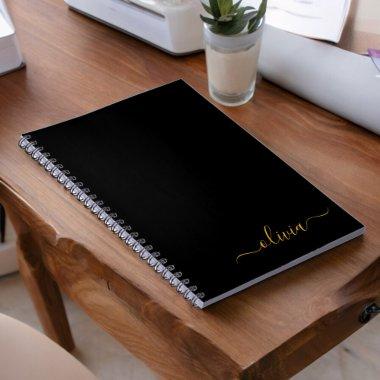 Black Gold Modern Script Girly Monogram Name Notebook