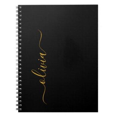 Black Gold Modern Script Girly Monogram Name Notebook