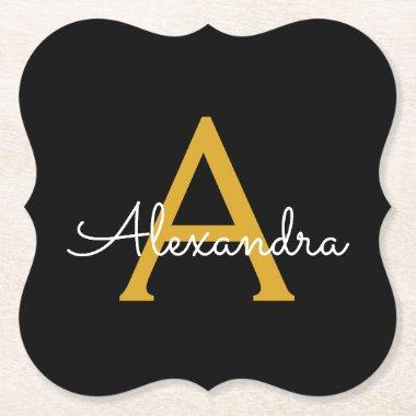 Black Gold Modern Script Girly Monogram Name Paper Coaster