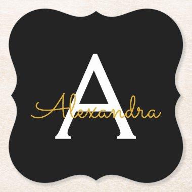 Black Gold Modern Script Girly Monogram Name Paper Coaster