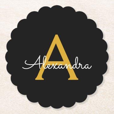 Black Gold Modern Script Girly Monogram Name Paper Coaster