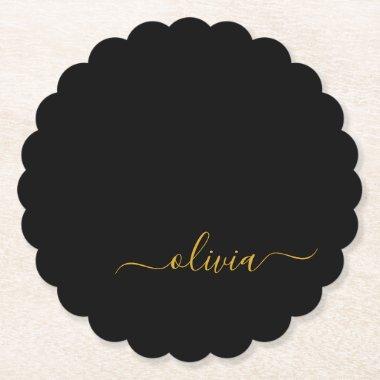 Black Gold Modern Script Girly Monogram Name Paper Coaster