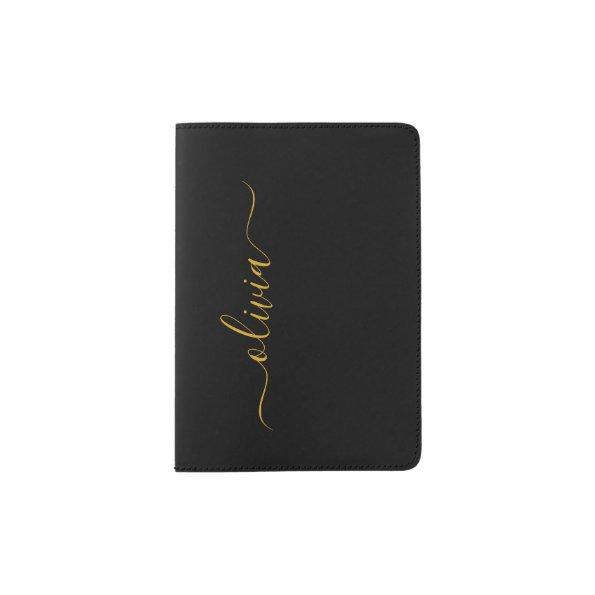 Black Gold Modern Script Girly Monogram Name Passport Holder