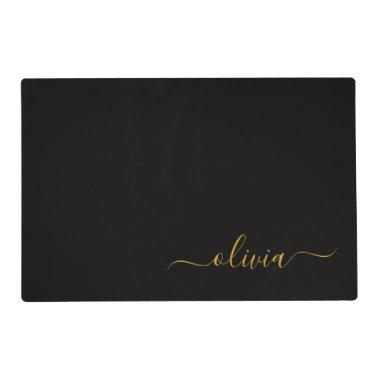 Black Gold Modern Script Girly Monogram Name Placemat