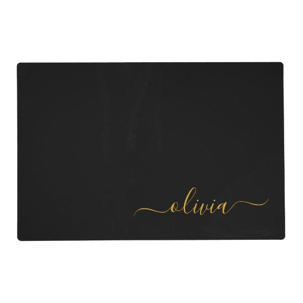 Black Gold Modern Script Girly Monogram Name Placemat