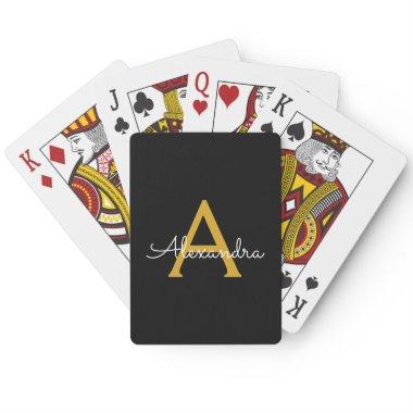 Black Gold Modern Script Girly Monogram Name Poker