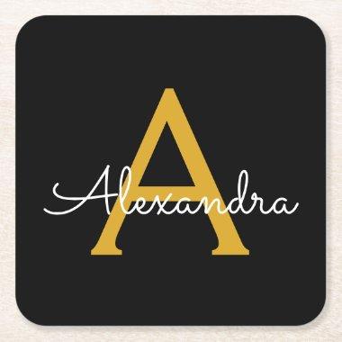 Black Gold Modern Script Girly Monogram Name Square Paper Coaster
