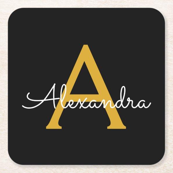 Black Gold Modern Script Girly Monogram Name Square Paper Coaster