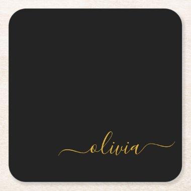 Black Gold Modern Script Girly Monogram Name Square Paper Coaster