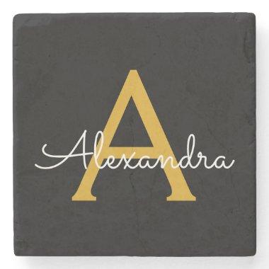 Black Gold Modern Script Girly Monogram Name Stone Coaster