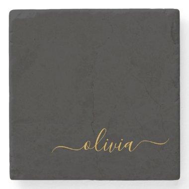 Black Gold Modern Script Girly Monogram Name Stone Coaster