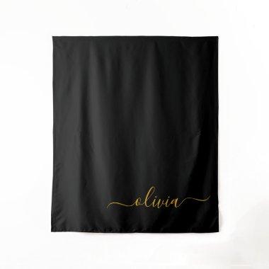 Black Gold Modern Script Girly Monogram Name Tapestry