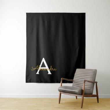 Black Gold Modern Script Girly Monogram Name Tapestry