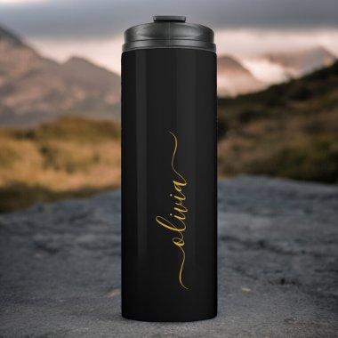 Black Gold Modern Script Girly Monogram Name Thermal Tumbler