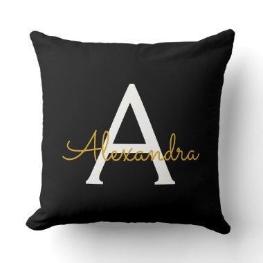 Black Gold Modern Script Girly Monogram Name Throw Pillow