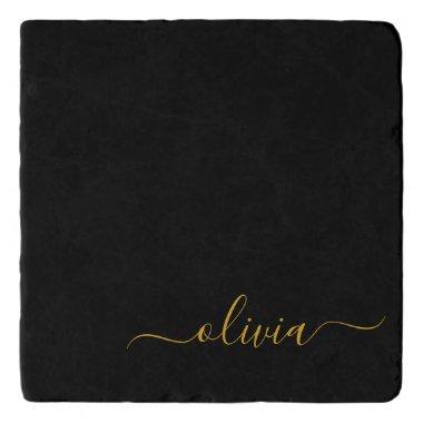 Black Gold Modern Script Girly Monogram Name Trivet
