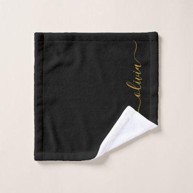 Black Gold Modern Script Girly Monogram Name Wash Cloth