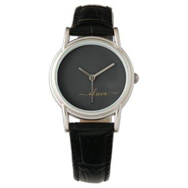 Black Gold Modern Script Girly Monogram Name Watch