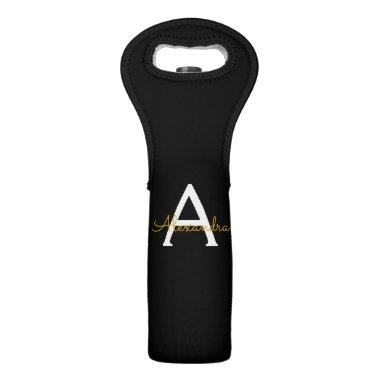 Black Gold Modern Script Girly Monogram Name Wine Bag