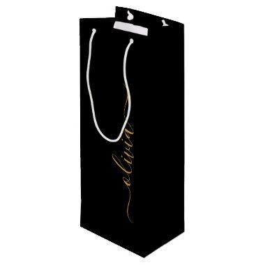 Black Gold Modern Script Girly Monogram Name Wine Gift Bag