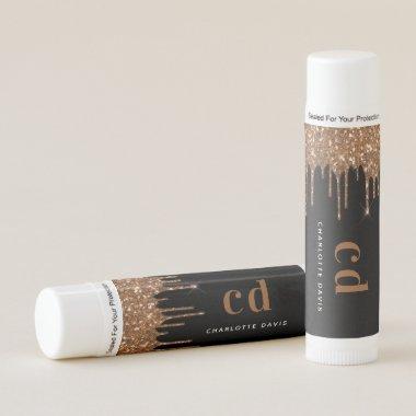 Black gold monogram glitter drips script luxury lip balm