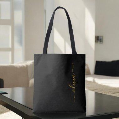 Black Gold Name White Girly Script Monogram Modern Tote Bag